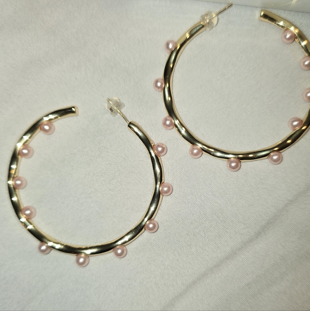 Jennifer Miller Hoda Gold and Pink Pearl Large Hoop Earrings